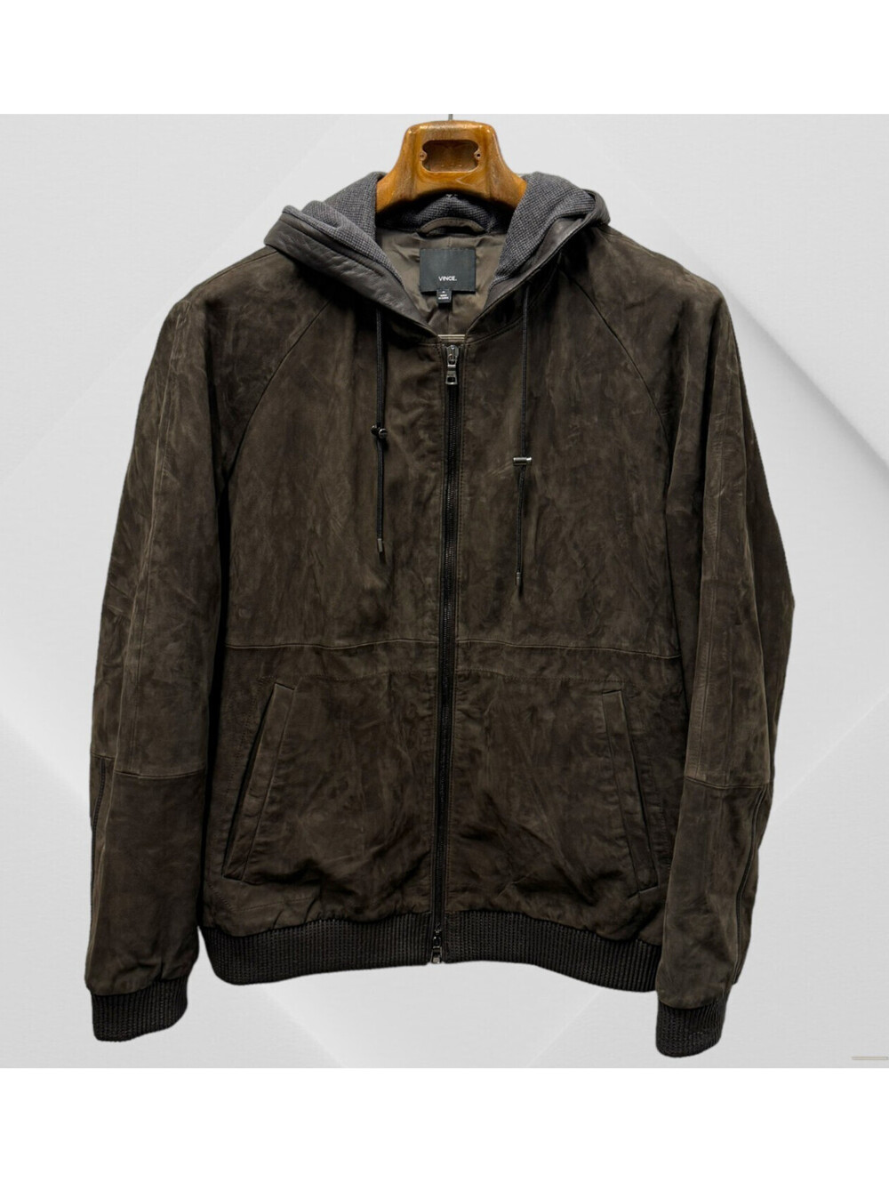 Vince Mens Brown 100% Suede Leather Trucker Hooded Jacket $1495 Worn Once